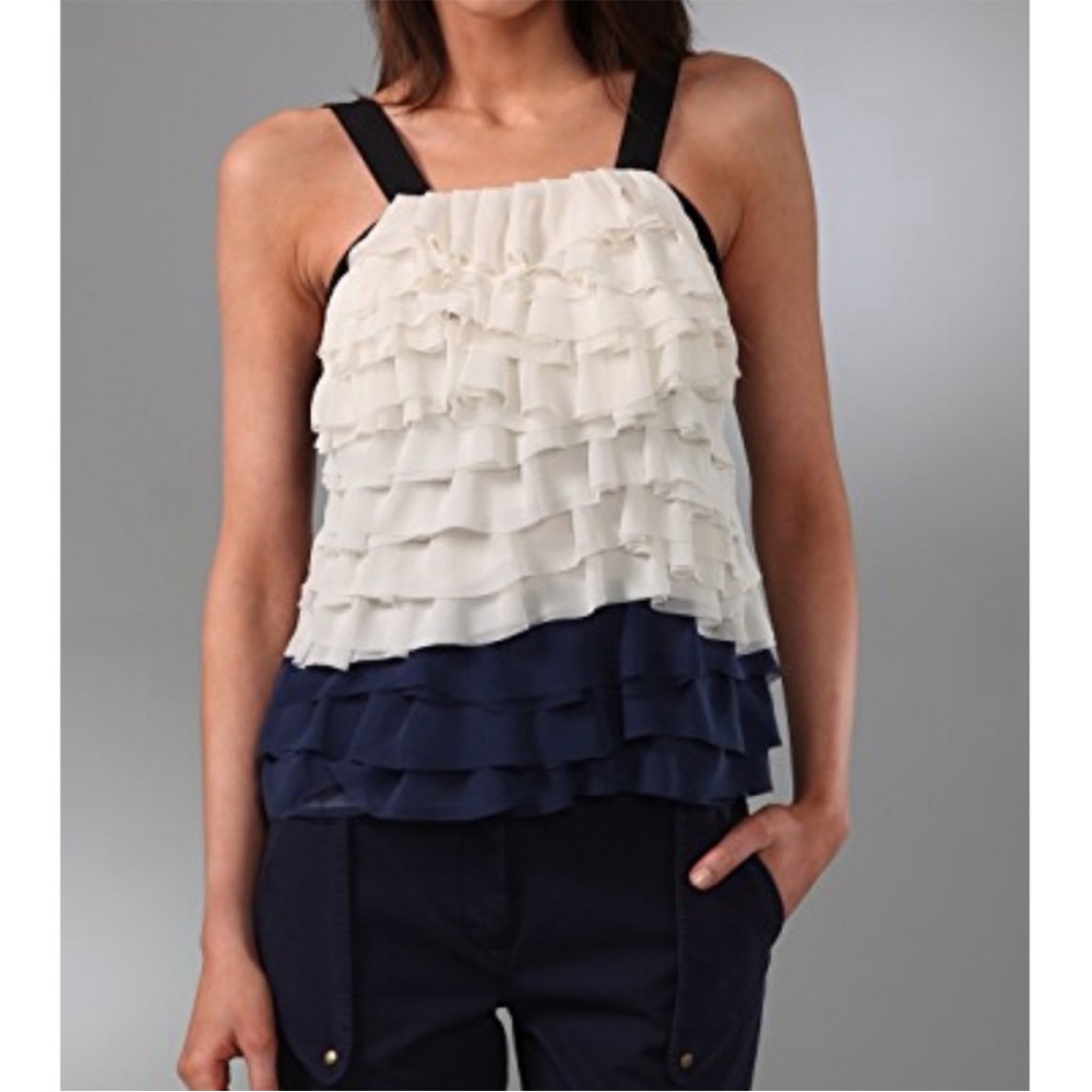 Diane von Furstenberg Gianna Ruffle Sleeveless Tank Top White Blue Size 4